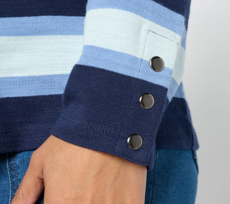 Denim & Co. Active Textured Cotton Striped Top w/ Snap Detail — View 12