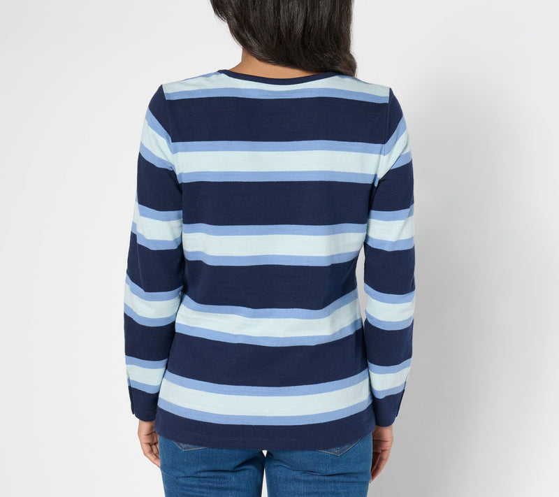 Denim & Co. Active Textured Cotton Striped Top w/ Snap Detail — View 10