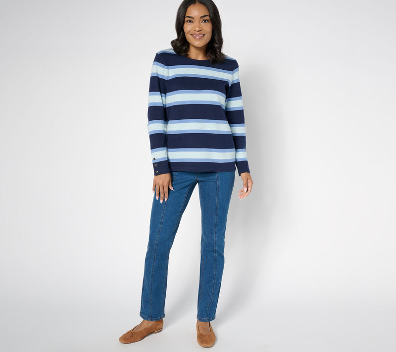 Denim & Co. Active Textured Cotton Striped Top w/ Snap Detail — View 11