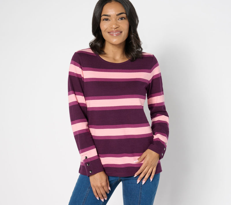 Denim & Co. Active Textured Cotton Striped Top w/ Snap Detail — View 5