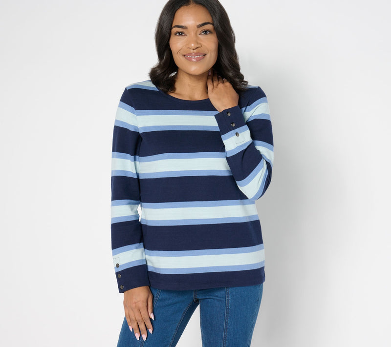Denim & Co. Active Textured Cotton Striped Top w/ Snap Detail — Main view