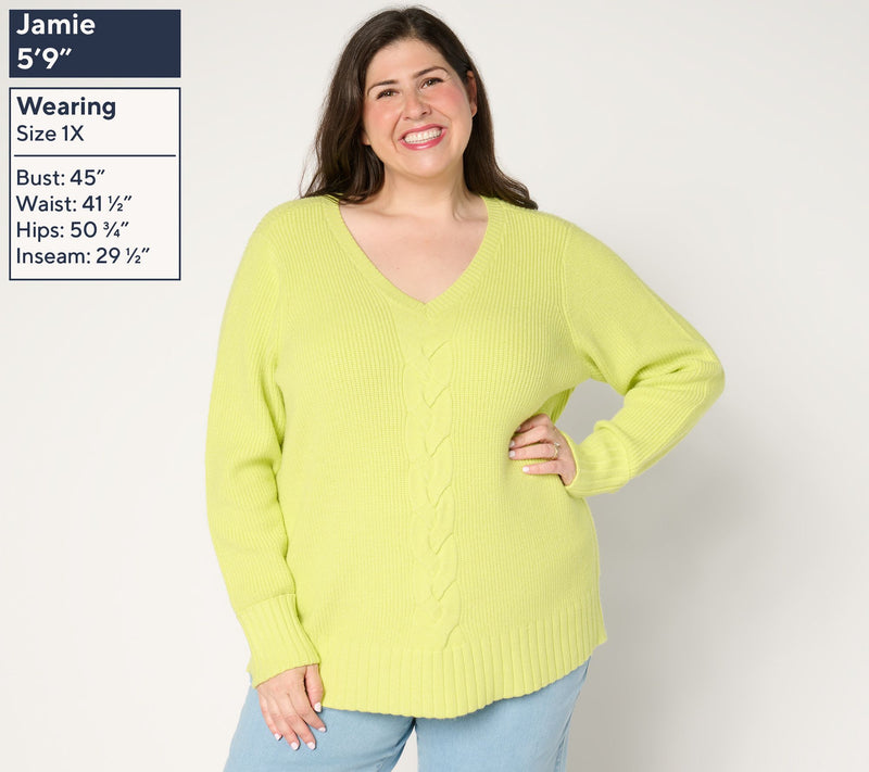 Denim & Co. Soft Knit V-Neck Cable Sweater — View 8