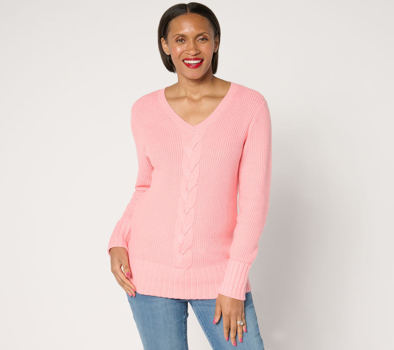 Denim & Co. Soft Knit V-Neck Cable Sweater — Main view