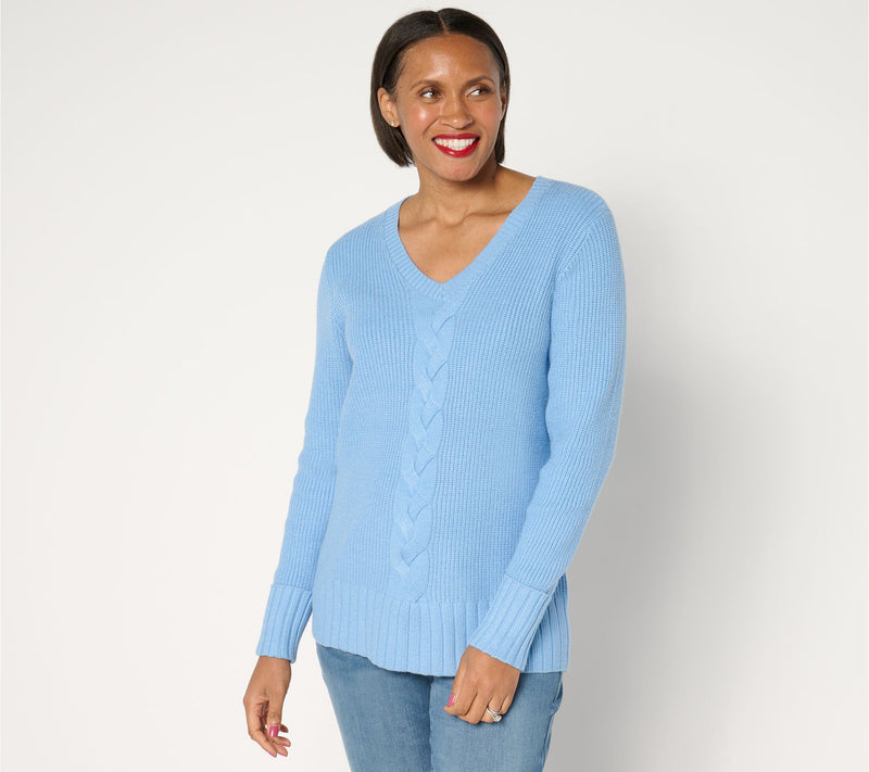 Denim & Co. Soft Knit V-Neck Cable Sweater — View 7