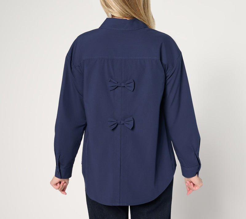 Women with Control Woven Button Front Shirt with Bows — View 5