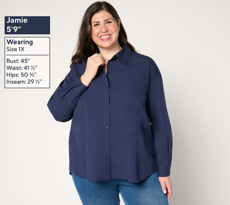 Women with Control Woven Button Front Shirt with Bows — View 3