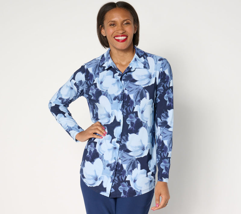 Women with Control Petite Printed Button Front Tunic — Main view