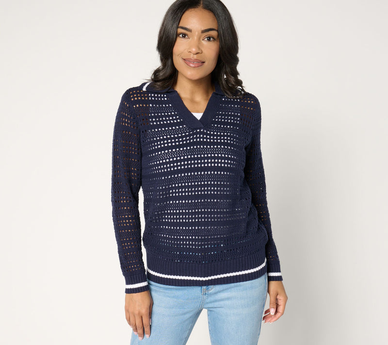 Joan Rivers Collared Long Sleeve Open Stitch Sweater — View 11