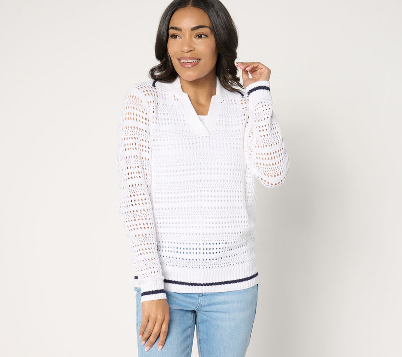 Joan Rivers Collared Long Sleeve Open Stitch Sweater — View 12