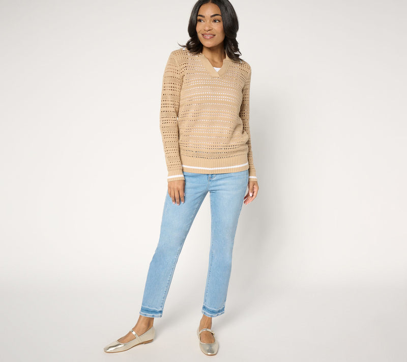 Joan Rivers Collared Long Sleeve Open Stitch Sweater — View 5