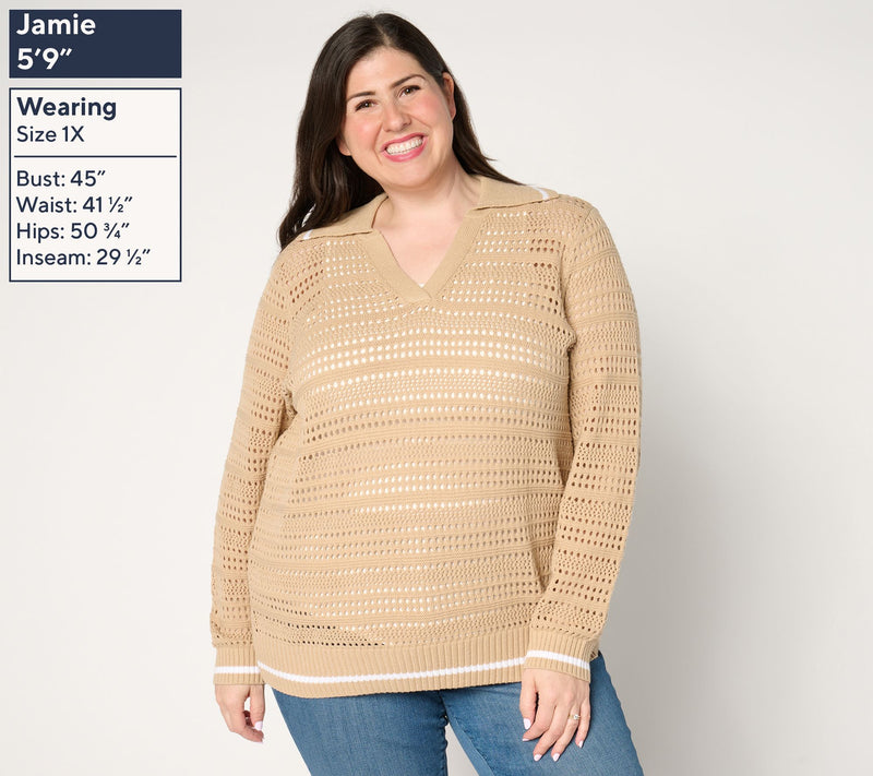 Joan Rivers Collared Long Sleeve Open Stitch Sweater — View 2
