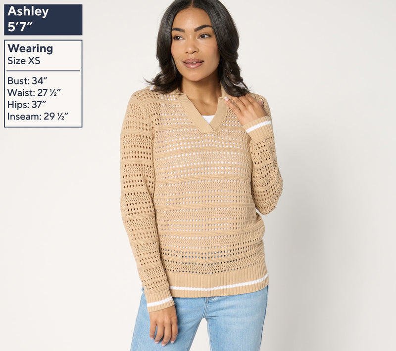Joan Rivers Collared Long Sleeve Open Stitch Sweater — View 3