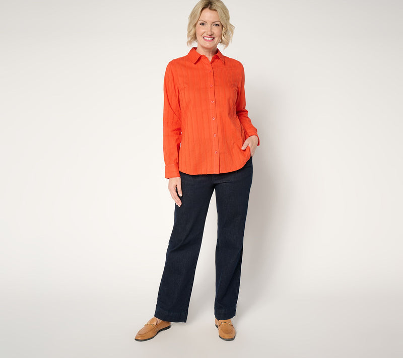 Joan Rivers 100% Cotton Dobby Stripe Button Front Shirt — View 5