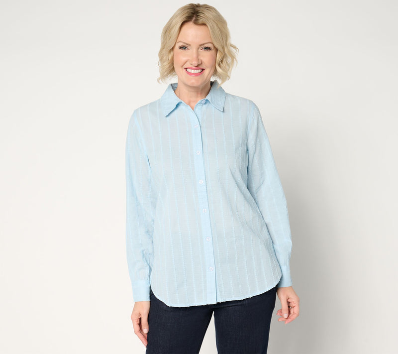 Joan Rivers 100% Cotton Dobby Stripe Button Front Shirt — View 10
