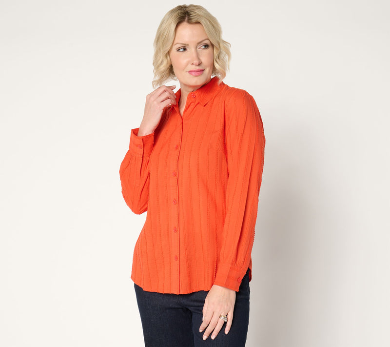 Joan Rivers 100% Cotton Dobby Stripe Button Front Shirt — Main view