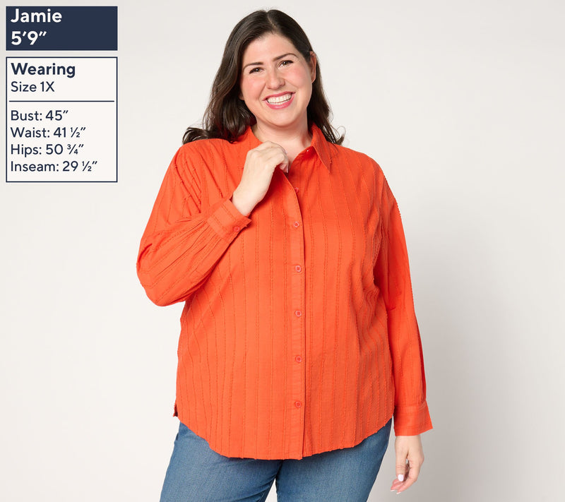 Joan Rivers 100% Cotton Dobby Stripe Button Front Shirt — View 2