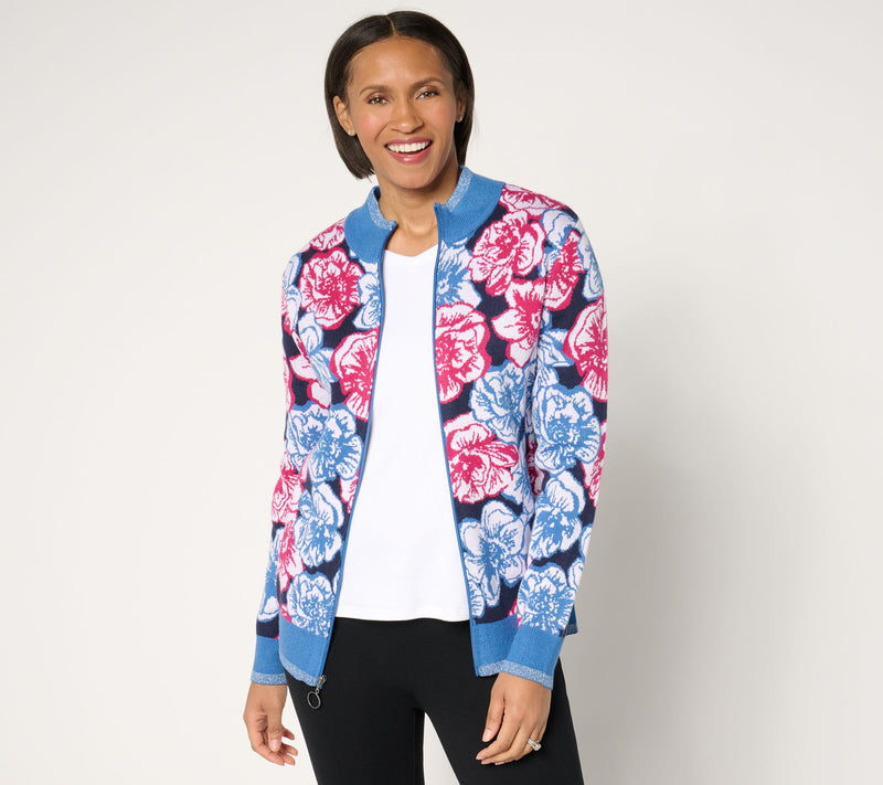Sport Savvy Floral Intarsia Zip-Up Sweater Topper — Main view