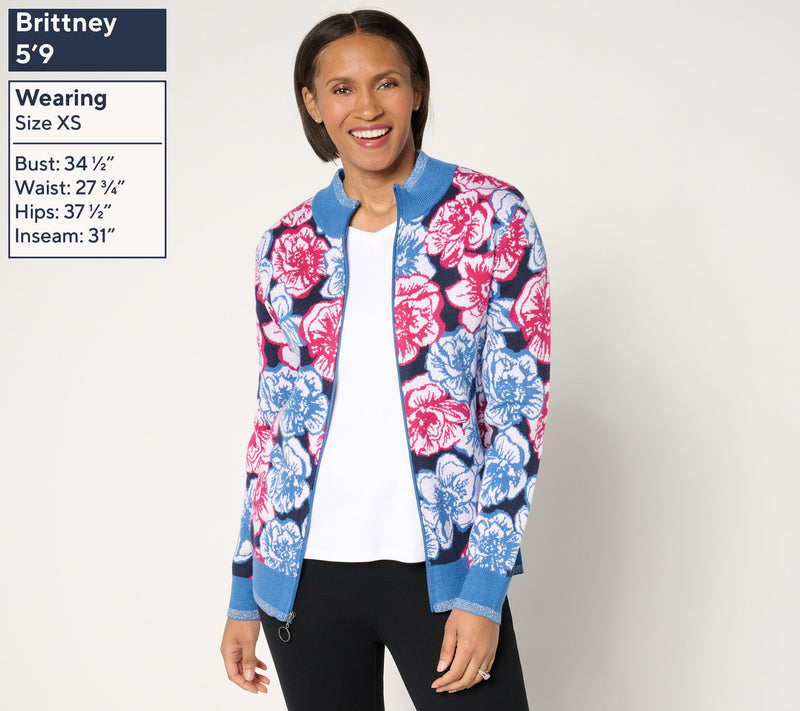 Sport Savvy Floral Intarsia Zip-Up Sweater Topper — View 9