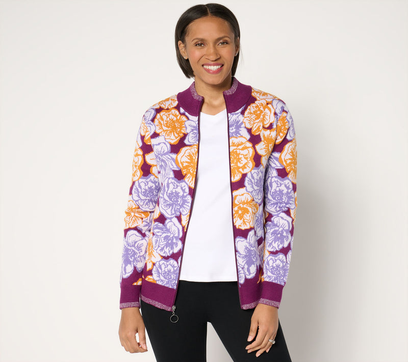 Sport Savvy Floral Intarsia Zip-Up Sweater Topper — View 5