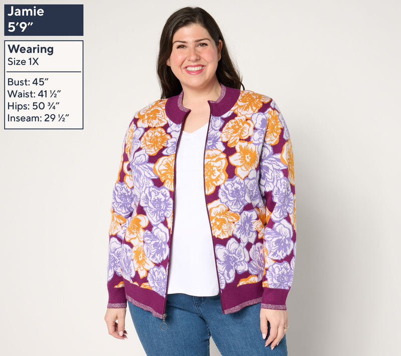Sport Savvy Floral Intarsia Zip-Up Sweater Topper — View 8