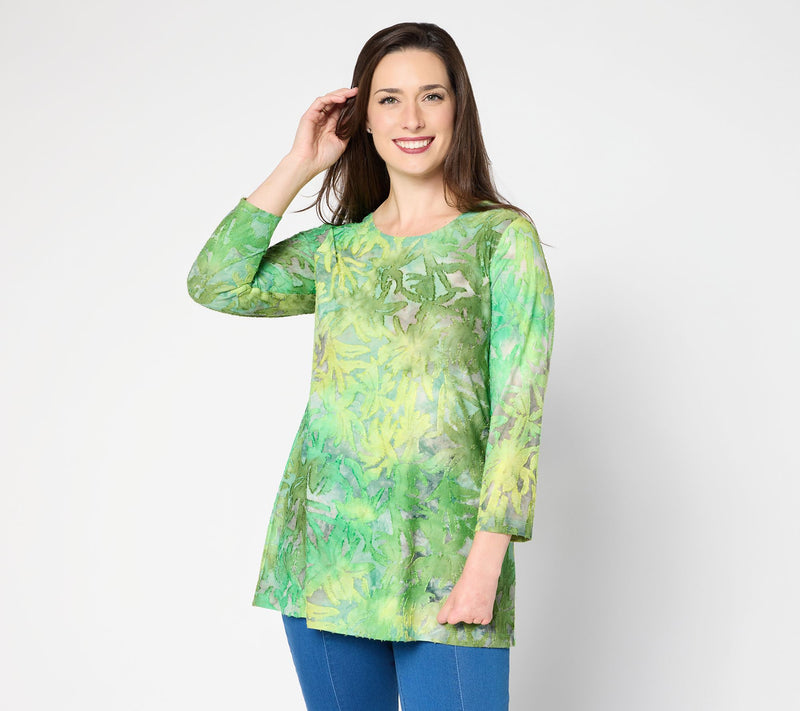 Susan Graver Weekend Regular Tie Dye Burnout 3/4 Sleeve A-Line Tunic — Main view