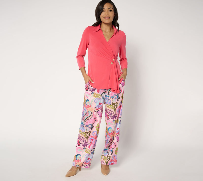 Susan Graver Petite Printed Stretch Satin Wide-Leg Pull-On Pants — View 5