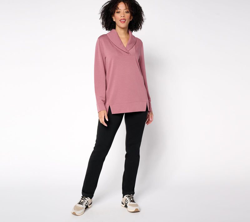 Denim & Co. Active Fleece Back Knit Top with Shawl Collar — View 5