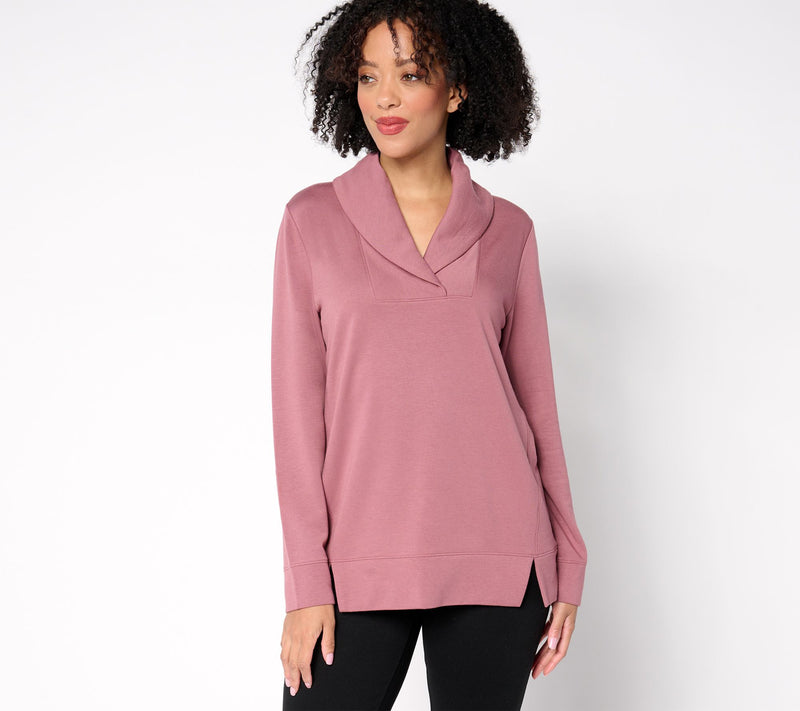 Denim & Co. Active Fleece Back Knit Top with Shawl Collar — Main view