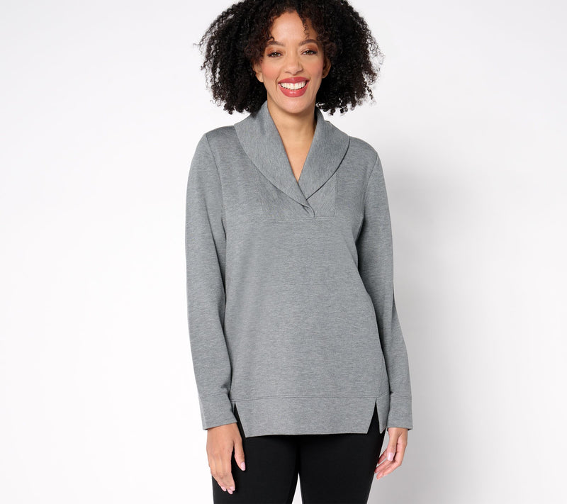 Denim & Co. Active Fleece Back Knit Top with Shawl Collar — View 13