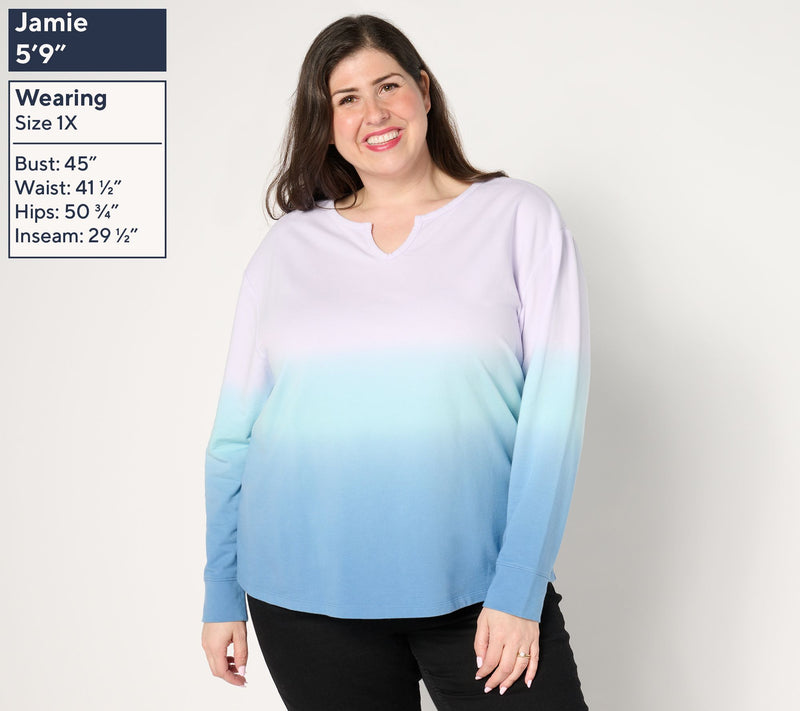 Denim & Co. French Terry Dip Dye Long Sleeve Pullover — View 10