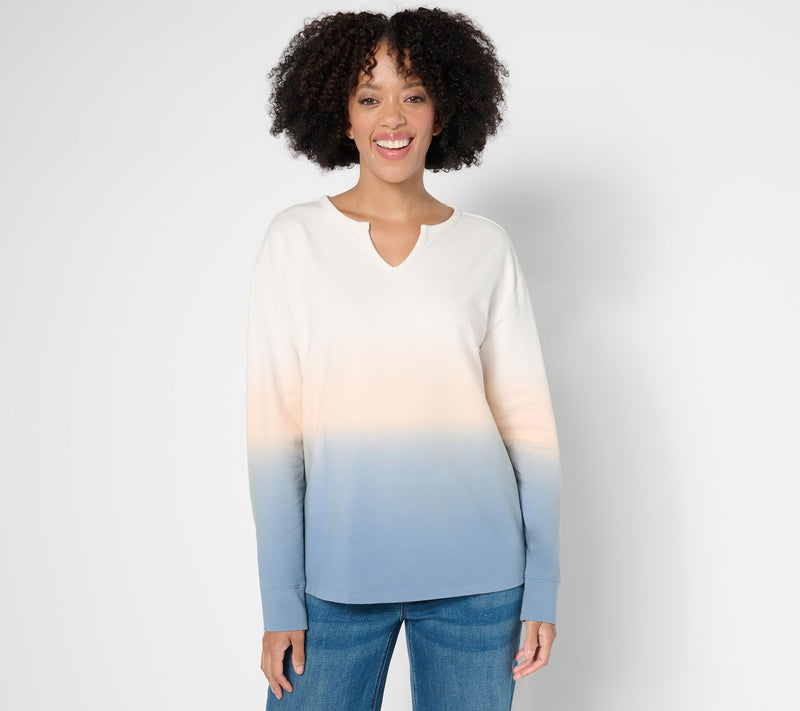 Denim & Co. French Terry Dip Dye Long Sleeve Pullover — View 5