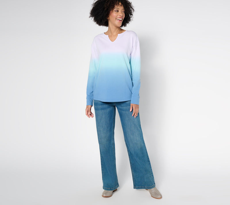 Denim & Co. French Terry Dip Dye Long Sleeve Pullover — View 13