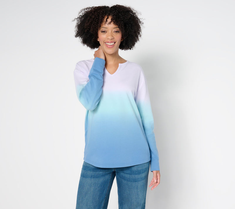 Denim & Co. French Terry Dip Dye Long Sleeve Pullover — View 9