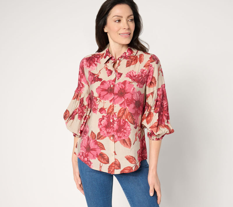 BEAUTIFUL by Lawrence Zarian 3/4 Sleeve Button Front Printed Shirt — View 15