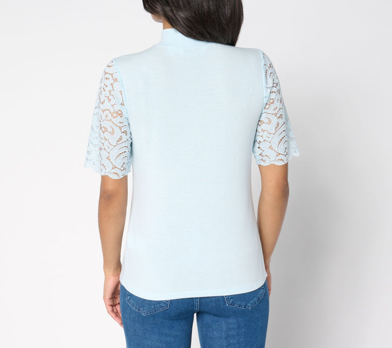 BEAUTIFUL by Lawrence Zarian Lace Sleeve Turtleneck Top — View 4