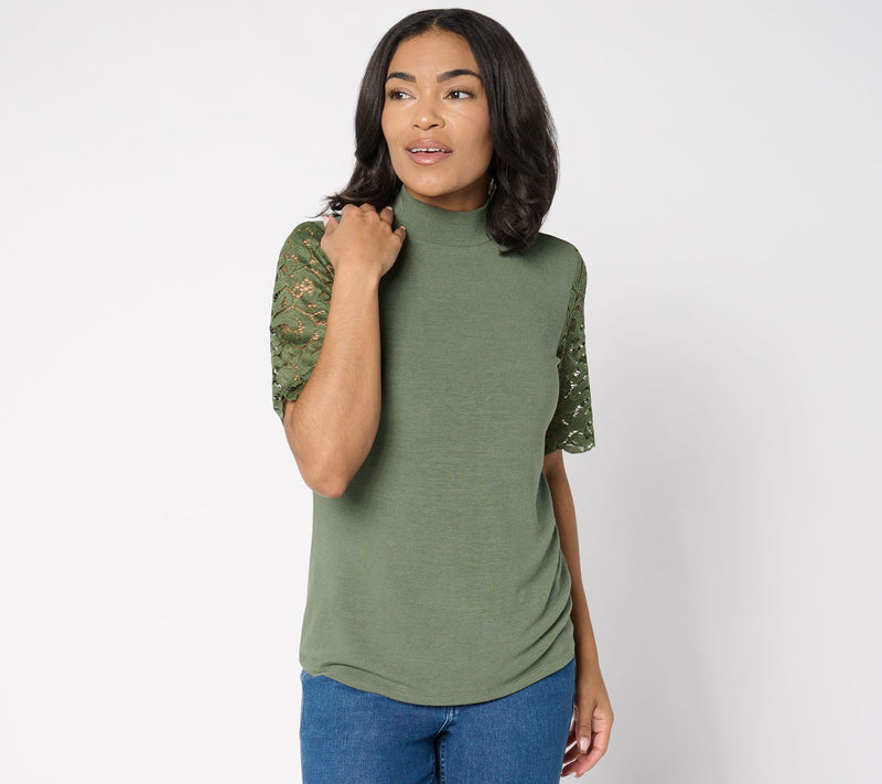 BEAUTIFUL by Lawrence Zarian Lace Sleeve Turtleneck Top — View 10