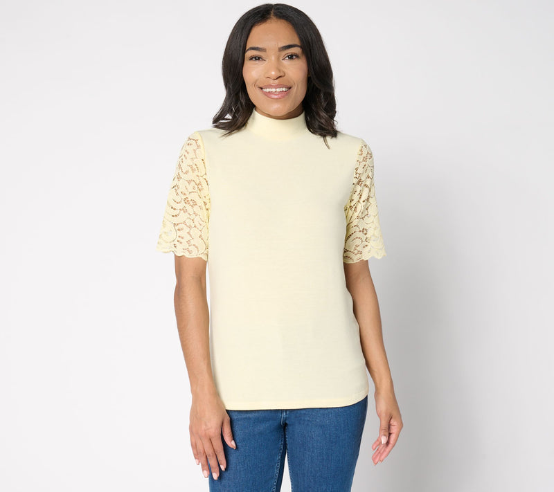 BEAUTIFUL by Lawrence Zarian Lace Sleeve Turtleneck Top — View 12