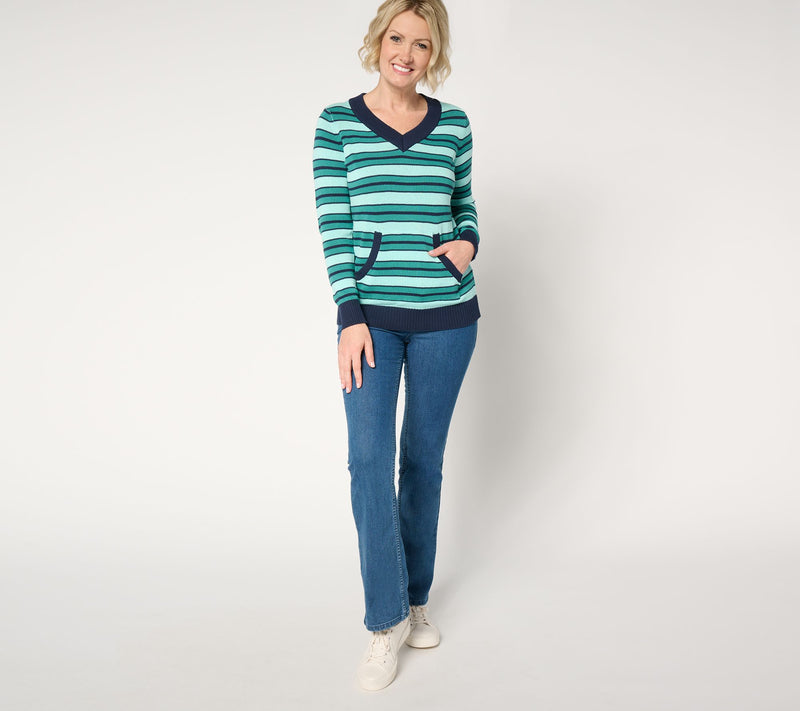 Denim & Co. Archives 100% Cotton Striped V-Neck Sweater — View 5