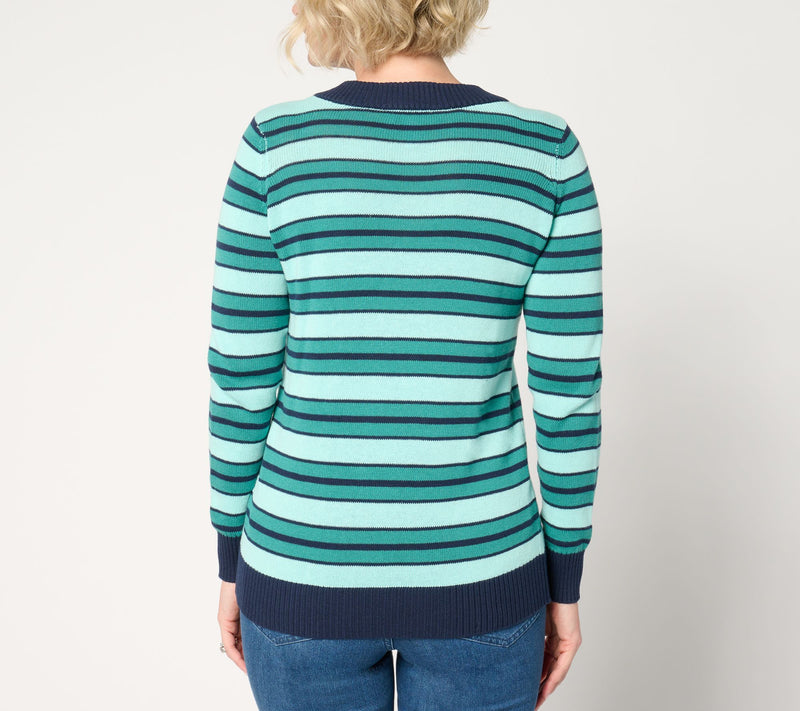 Denim & Co. Archives 100% Cotton Striped V-Neck Sweater — View 4