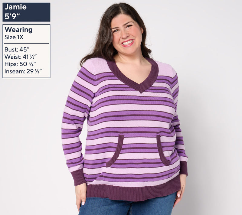 Denim & Co. Archives 100% Cotton Striped V-Neck Sweater — View 2