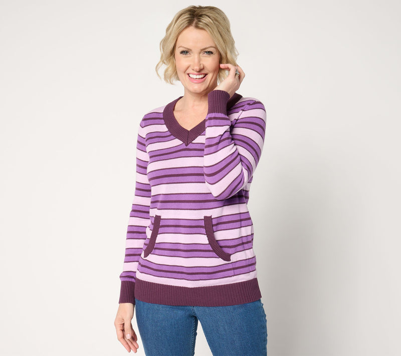 Denim & Co. Archives 100% Cotton Striped V-Neck Sweater — View 11