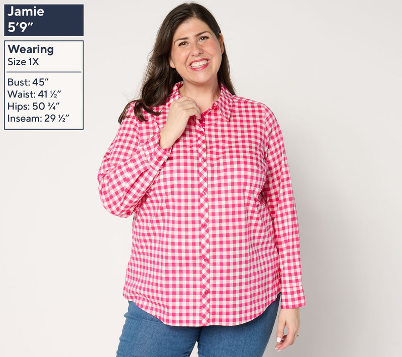 Denim & Co. Gingham Poplin Top with Contrast Print — View 4