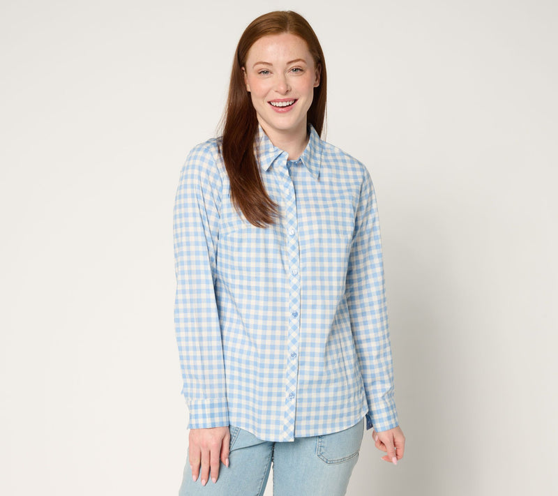 Denim & Co. Gingham Poplin Top with Contrast Print — Main view