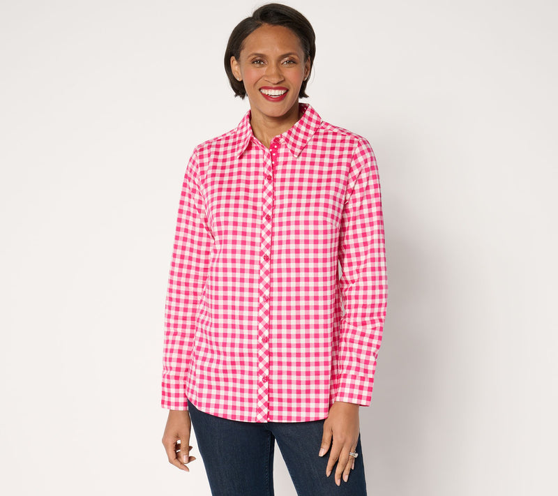 Denim & Co. Gingham Poplin Top with Contrast Print — View 11