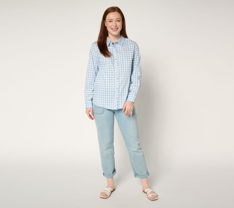 Denim & Co. Gingham Poplin Top with Contrast Print — View 6