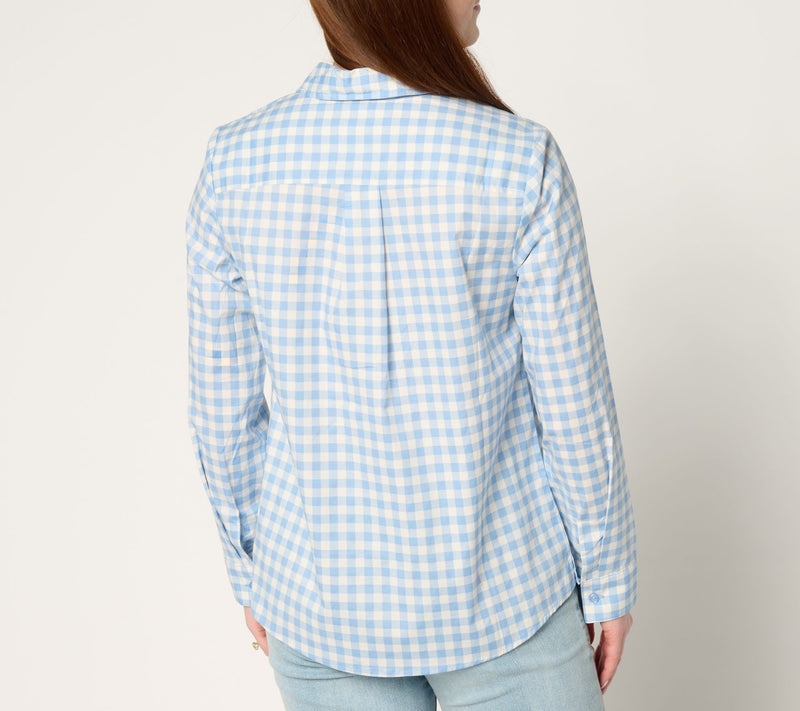 Denim & Co. Gingham Poplin Top with Contrast Print — View 5