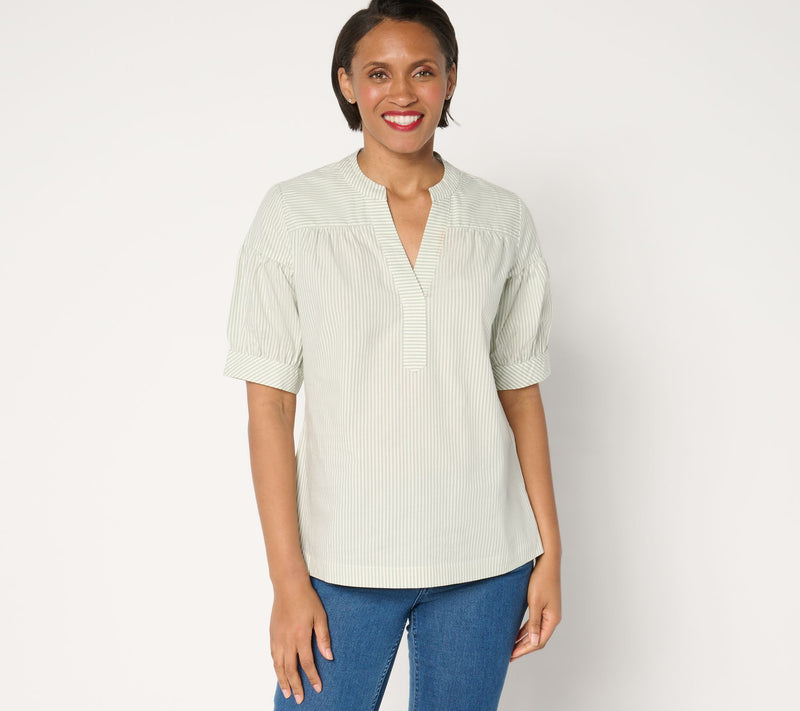 Denim & Co. Poplin Yarn-Dye Elbow-Sleeve Woven Top — View 10