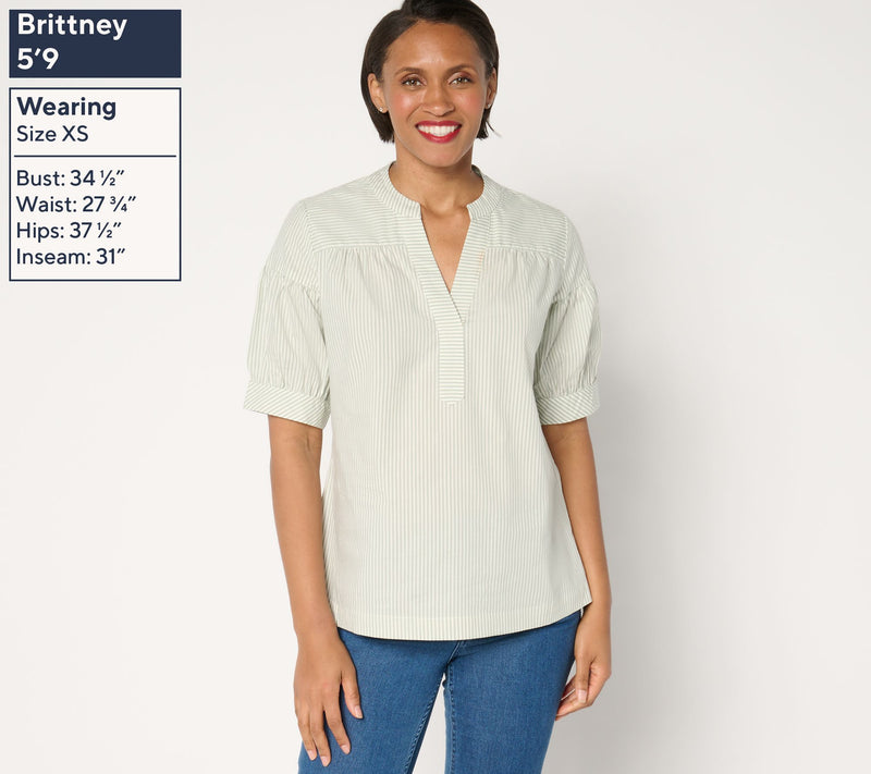 Denim & Co. Poplin Yarn-Dye Elbow-Sleeve Woven Top — View 3