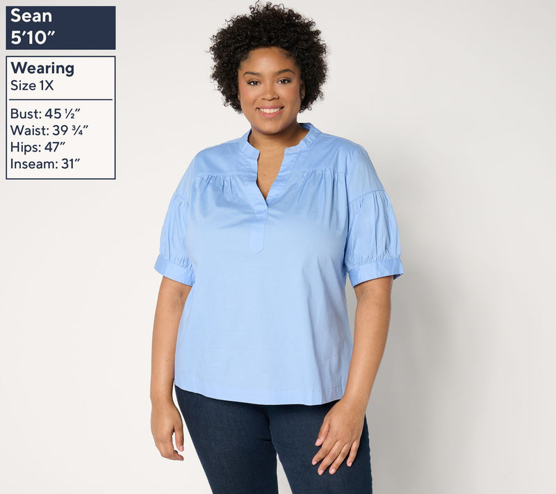 Denim & Co. Poplin Yarn-Dye Elbow-Sleeve Woven Top — View 2