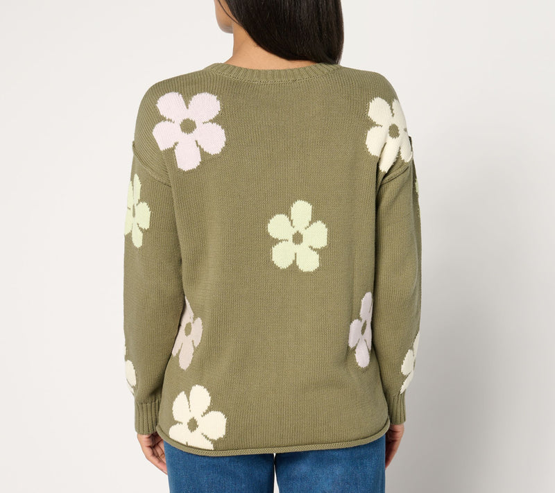 Peace Love World 100% Cotton Novelty Stitch Crew Neck Sweater — View 5
